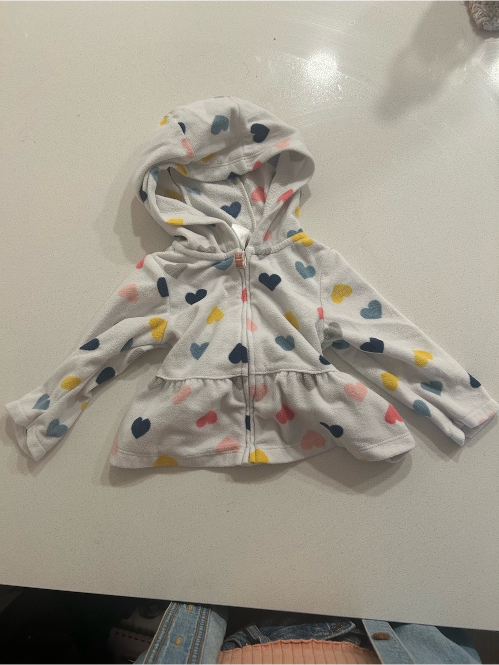 Baby Girls White Heart Print Fleece Hooded Jacket